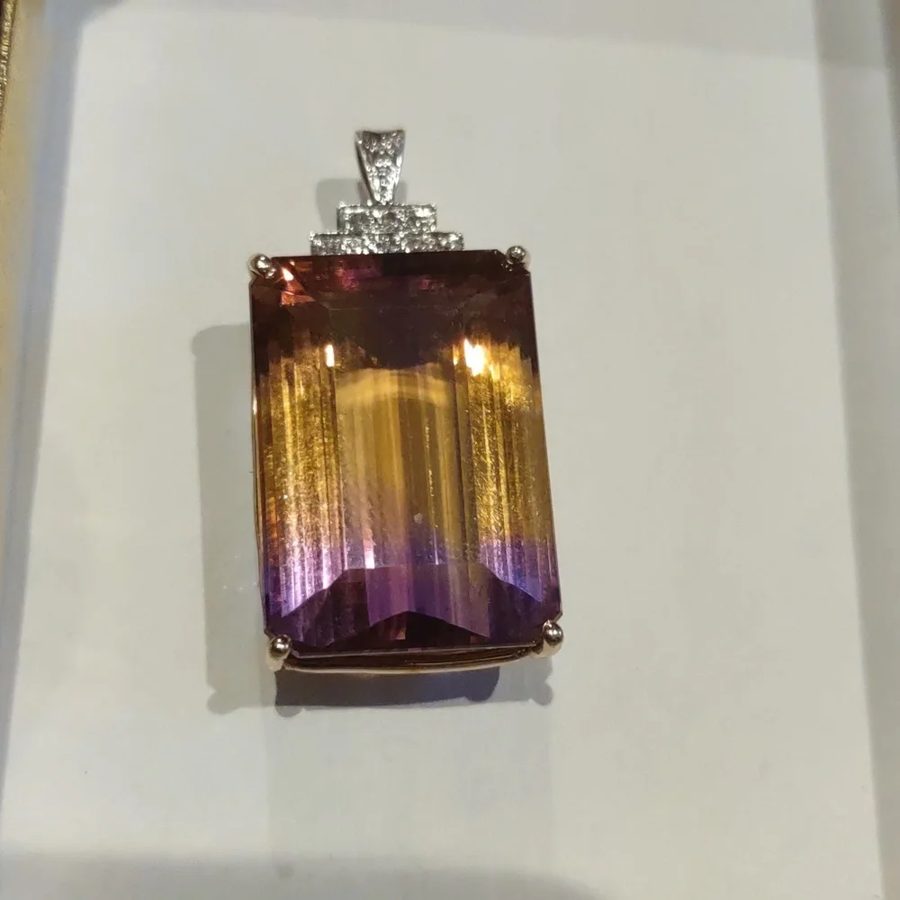 Ametrine Stone pendant amethyst, citrine stone, 14 kt yellow gold diamon…