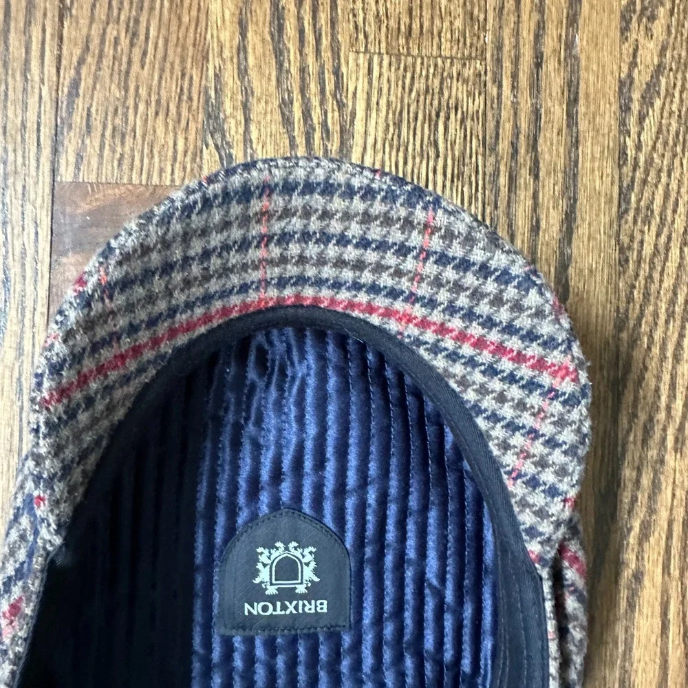 Brixton Fiddler Greek Fisherman Hat Plaid Cotton Newsboy Cap Brown Blue Small