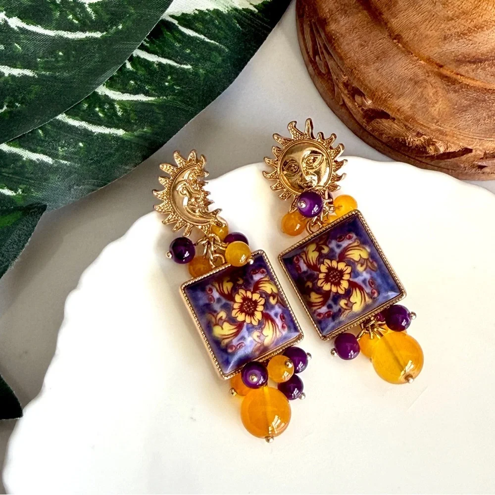 Celestial Sun Moon Earrings Vintage Style Tile 90’s Vibe Ornate Beaded Purple