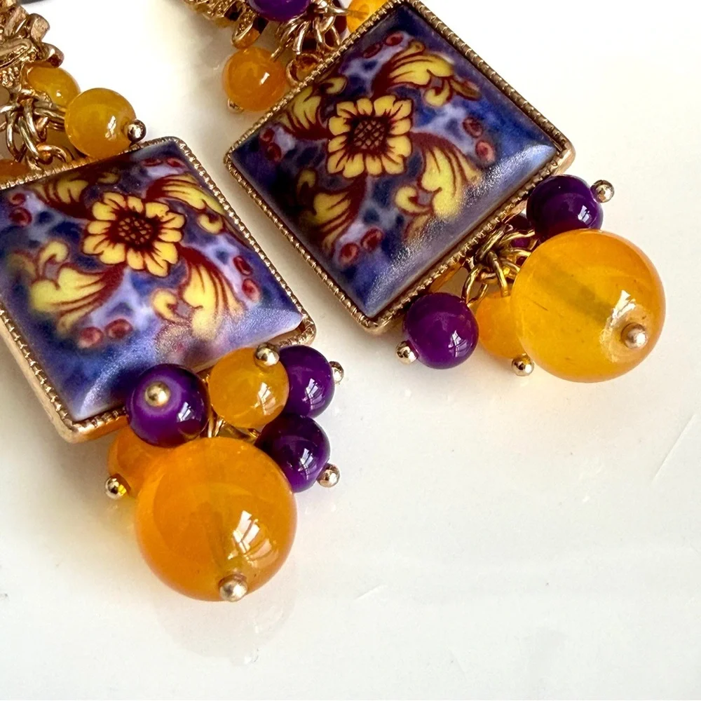 Celestial Sun Moon Earrings Vintage Style Tile 90’s Vibe Ornate Beaded Purple