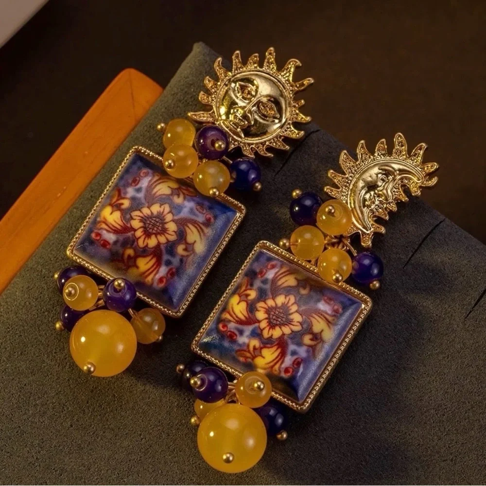 Celestial Sun Moon Earrings Vintage Style Tile 90’s Vibe Ornate Beaded Purple