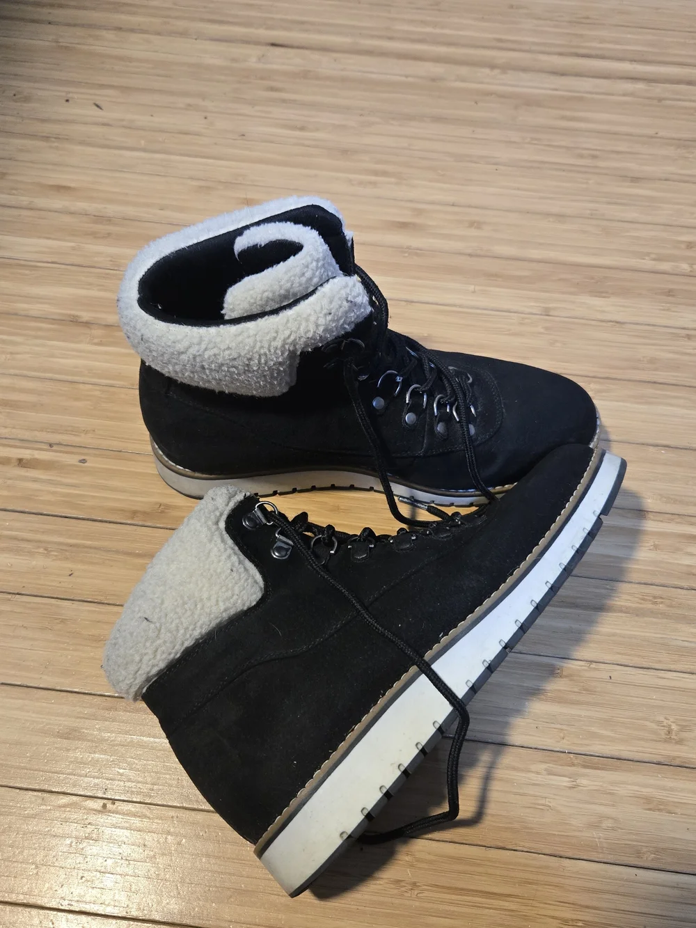 Men's Black Shearling-Trim Suede Hiker Boots