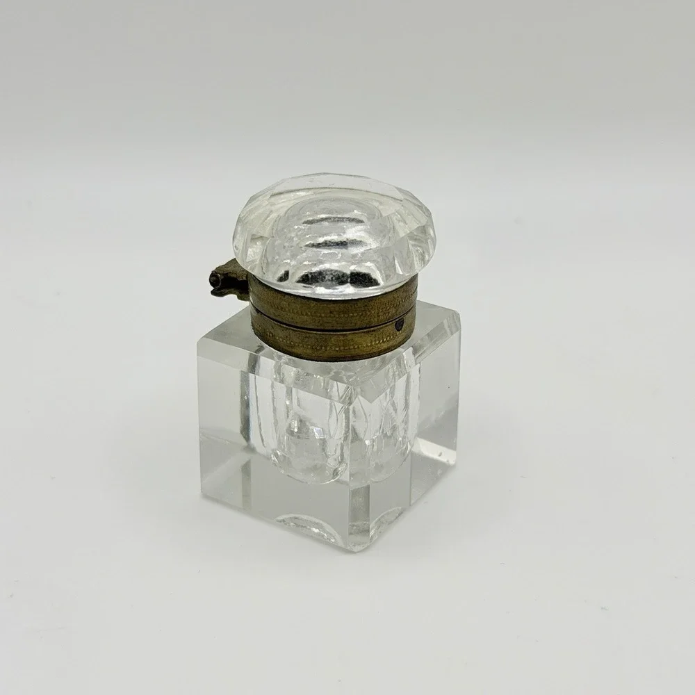 Antique Victorian Crystal Inkwell Cut Faceted Glass Brass Lid Hinge 2