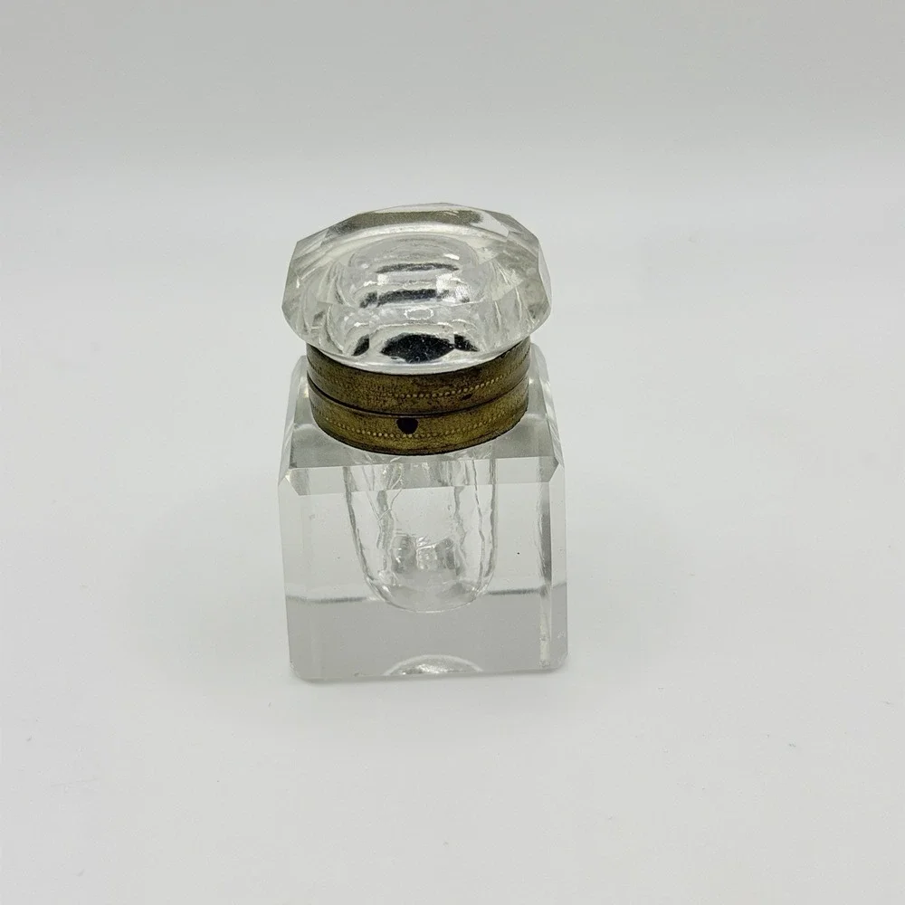 Antique Victorian Crystal Inkwell Cut Faceted Glass Brass Lid Hinge 2