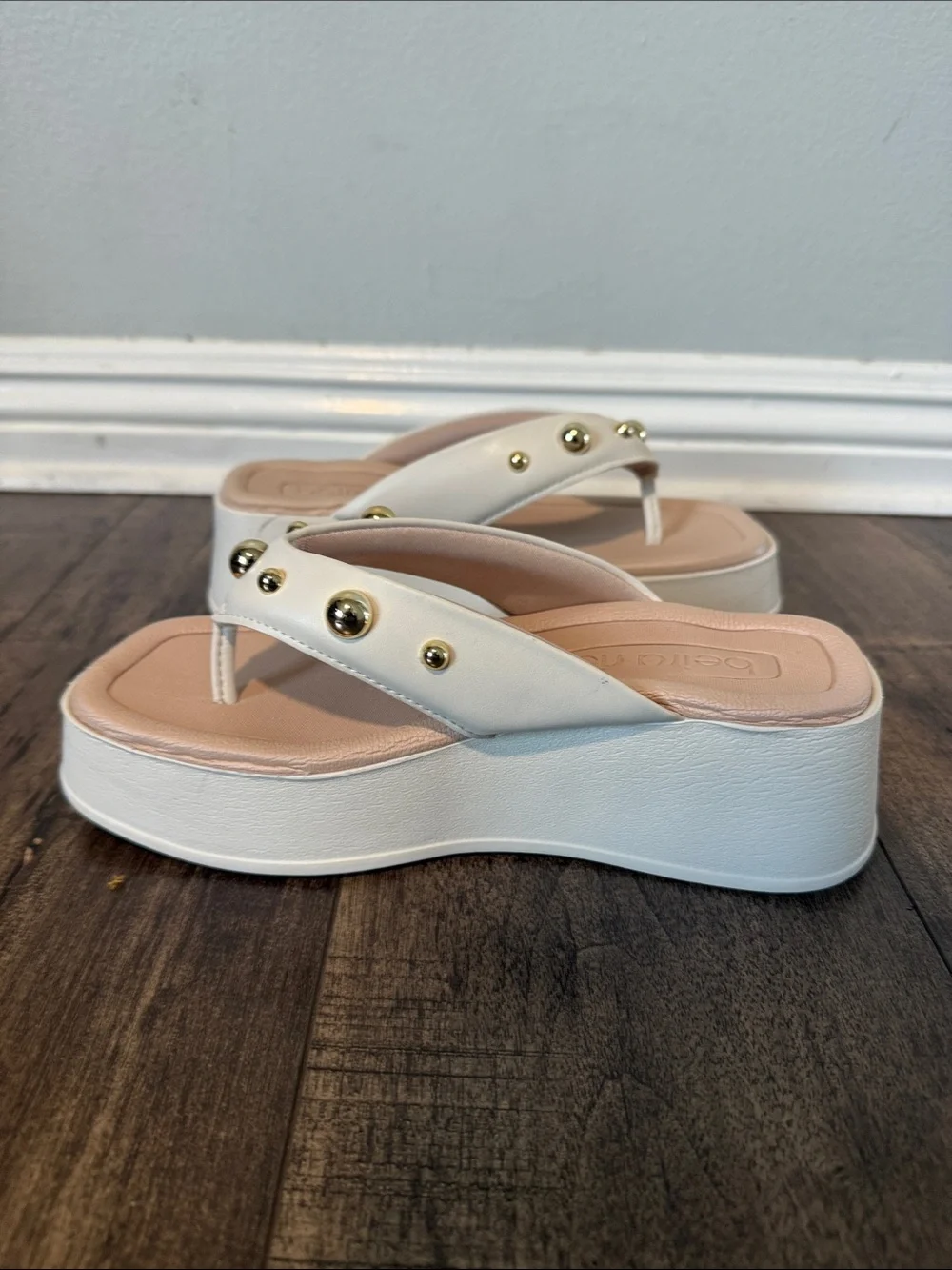White Platform Thong Sandals with Blush Footbed and Gold Studs
