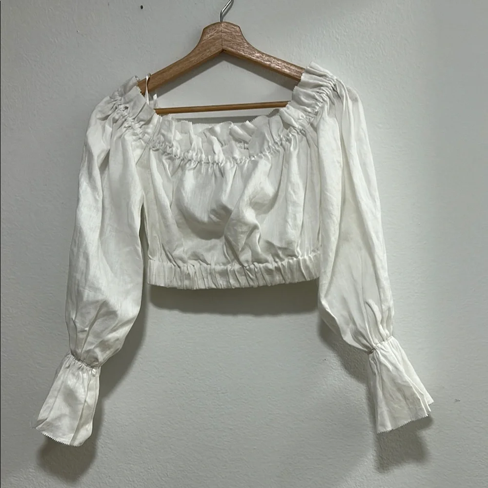 STAUD Tristan 100% Linen White Puff Sleeve Off Shoulder Crop Top Blouse X-Small