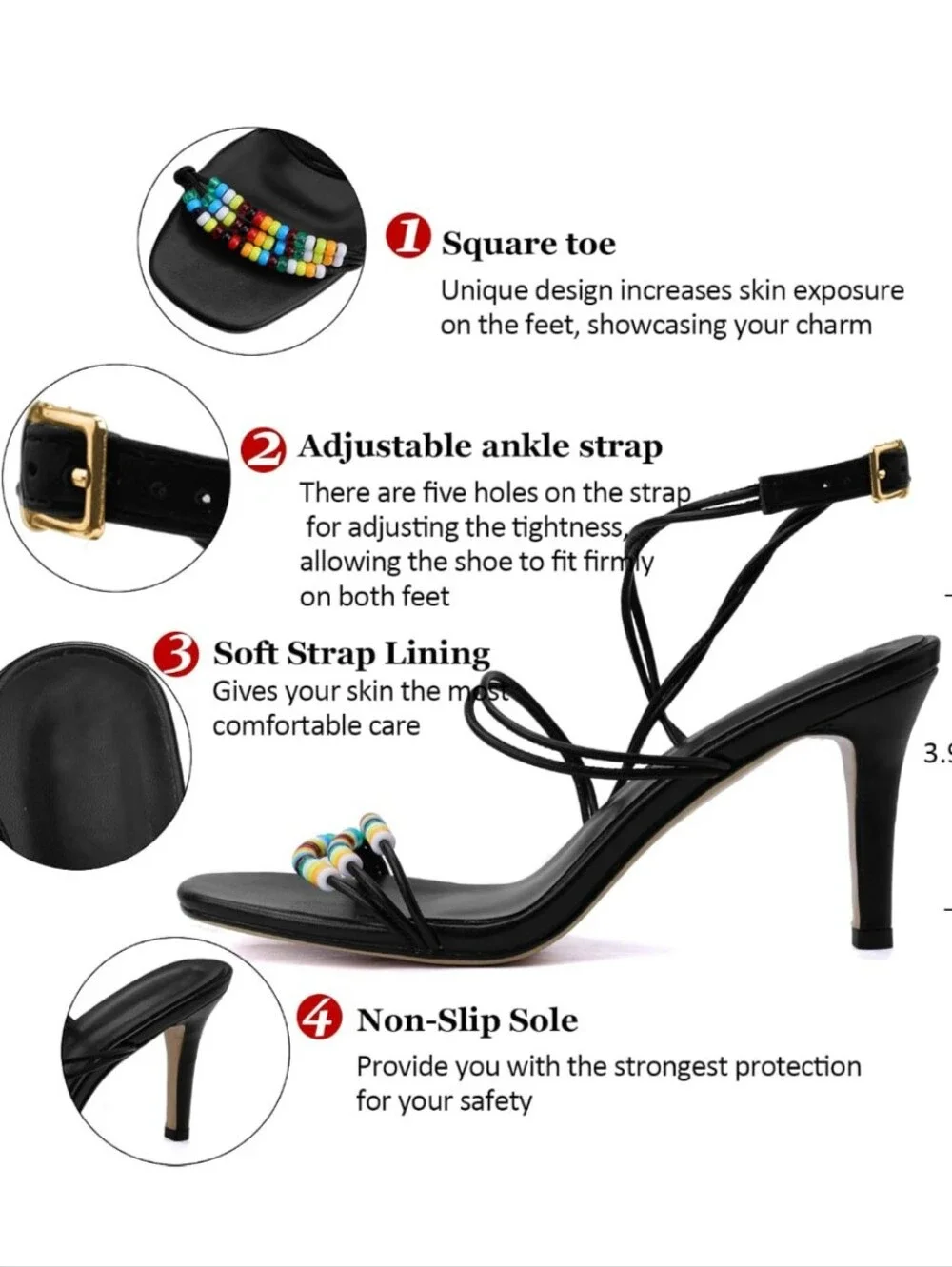 Y2K Black Beaded Strappy Stiletto Heels Multicolor Statement Sandals Size 9-9.5