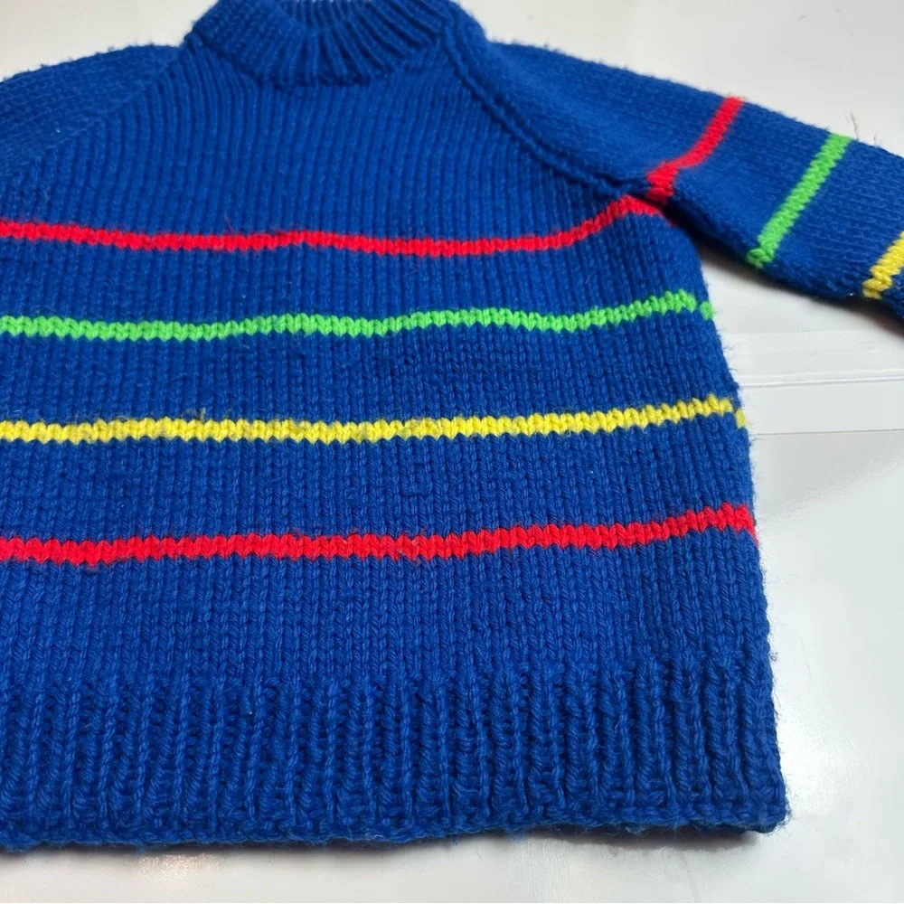 Vintage 80s Boys Striped Wool Blend Sweater Blue Mock Neck Heritage Prep