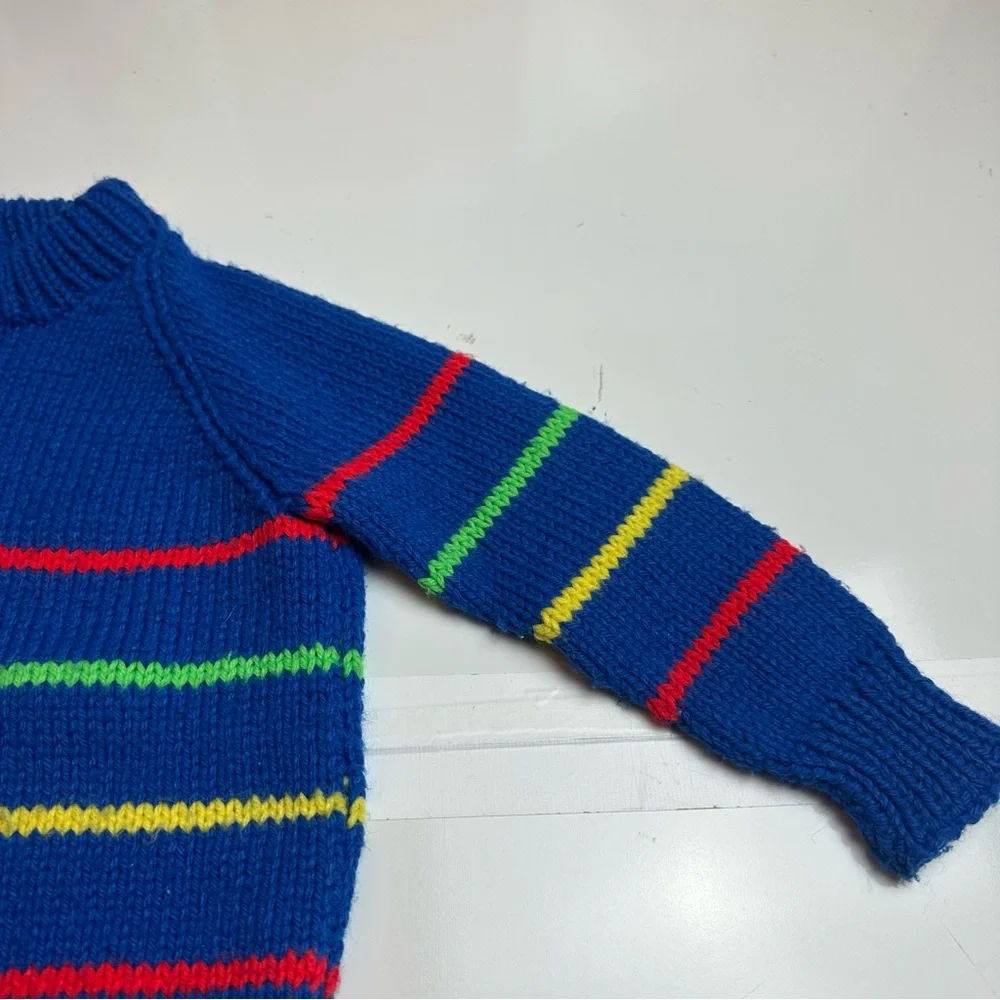Vintage 80s Boys Striped Wool Blend Sweater Blue Mock Neck Heritage Prep