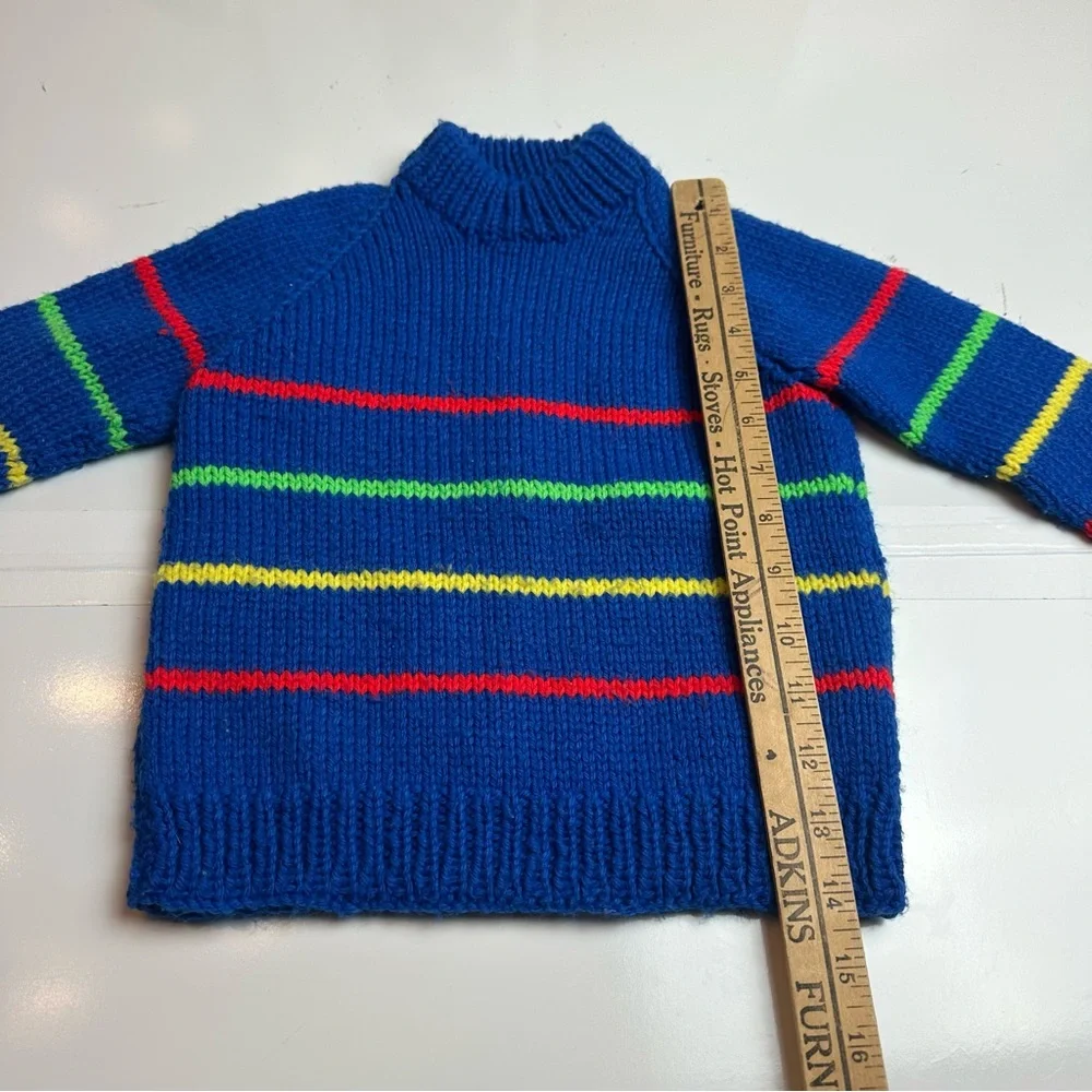Vintage 80s Boys Striped Wool Blend Sweater Blue Mock Neck Heritage Prep