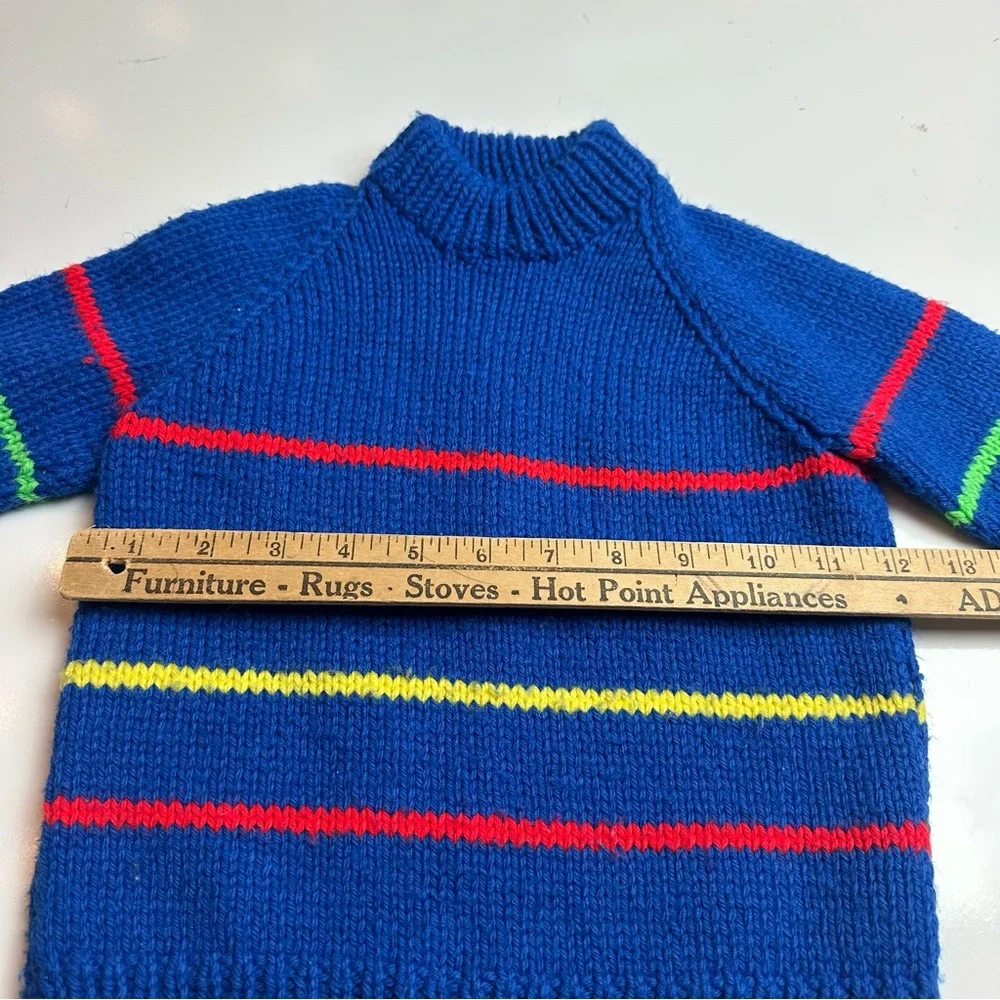 Vintage 80s Boys Striped Wool Blend Sweater Blue Mock Neck Heritage Prep