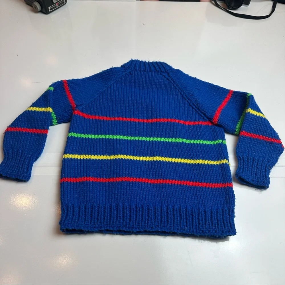 Vintage 80s Boys Striped Wool Blend Sweater Blue Mock Neck Heritage Prep