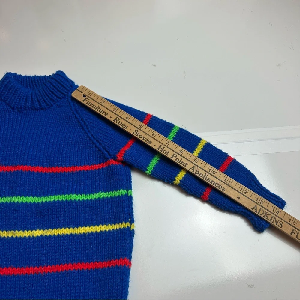 Vintage 80s Boys Striped Wool Blend Sweater Blue Mock Neck Heritage Prep