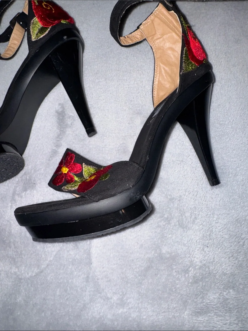 Black Ankle-Strap Heels with Red Floral Embroidery by