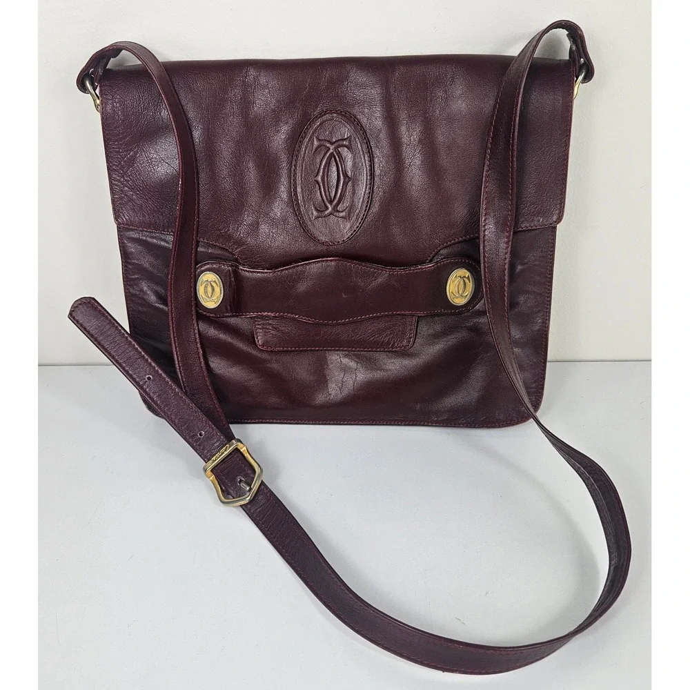 Cartier Vintage Must de Cartier Bordeaux Leather Crossbody Shoulder Bag Gold