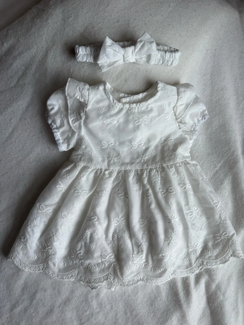 White Embroidered Baby Girl Formal Dress with Headband