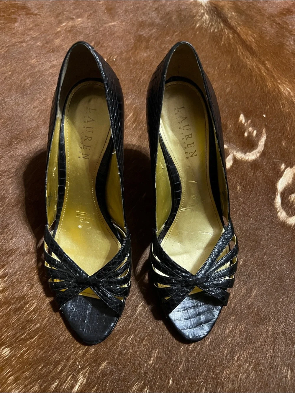 Lauren Ralph Lauren Black leather Peep-Toe Heels with Strappy Front, size 7.5