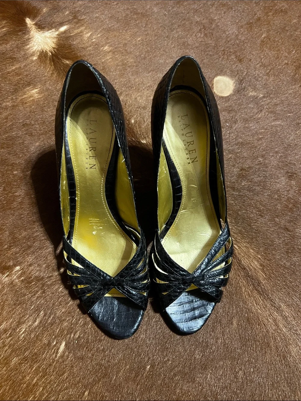 Lauren Ralph Lauren Black leather Peep-Toe Heels with Strappy Front, size 7.5