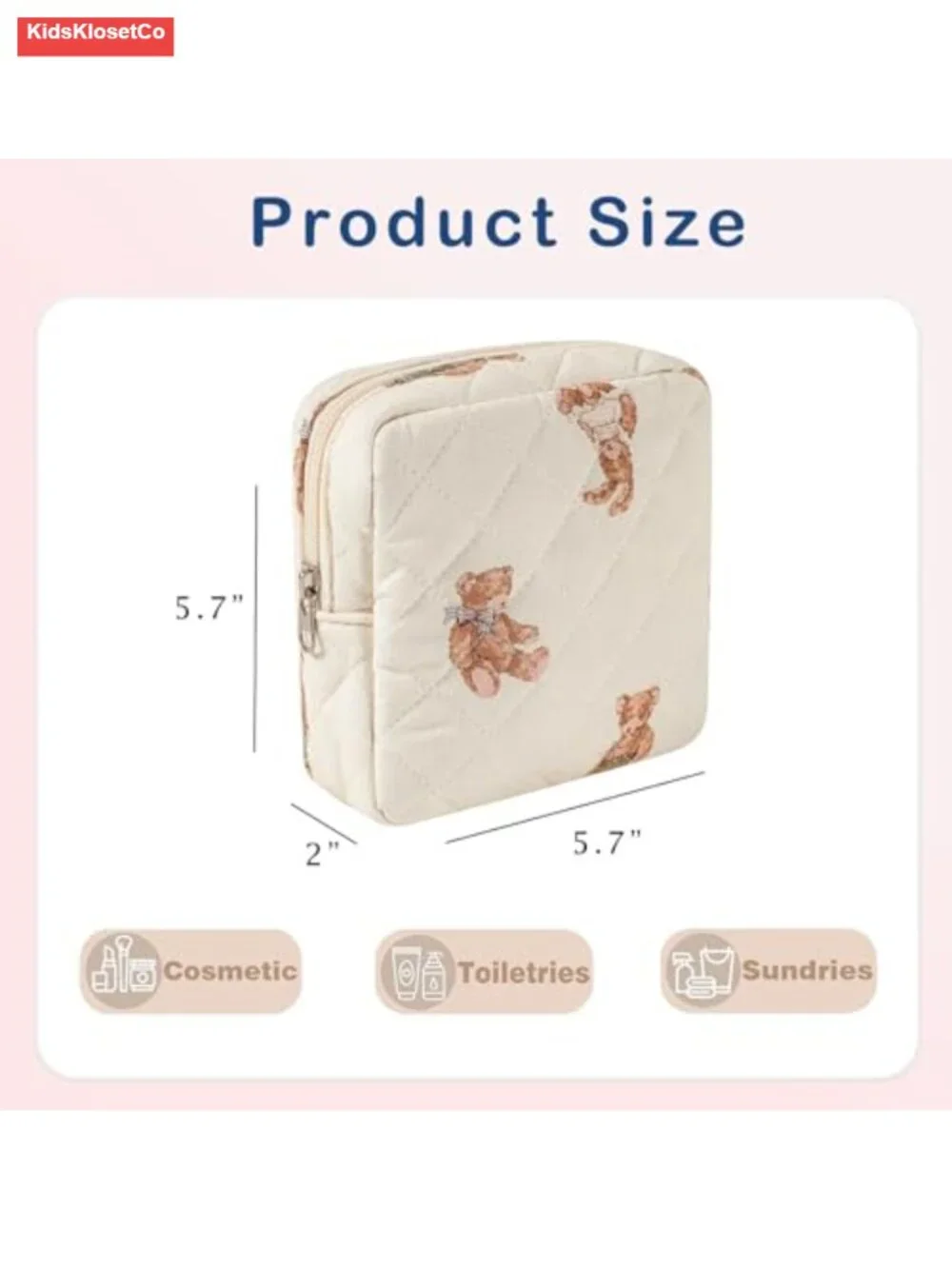 Quilted Cotton Makeup Bag with Bear Print, Compact Travel Cosmetic Pouch