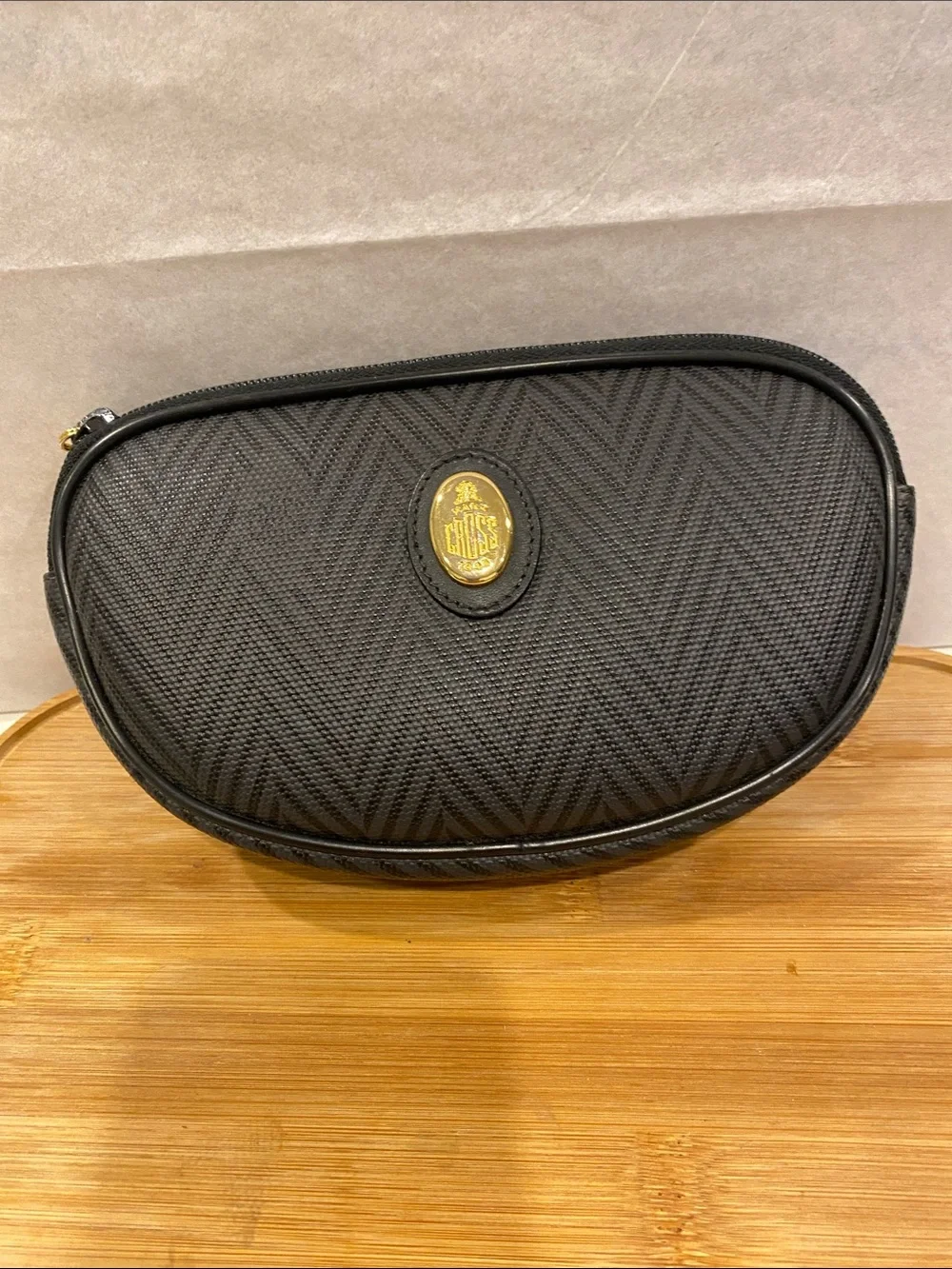 Vintage Mark Cross Black Herringbone Hard Case Pouch Gold Logo Crest Italy