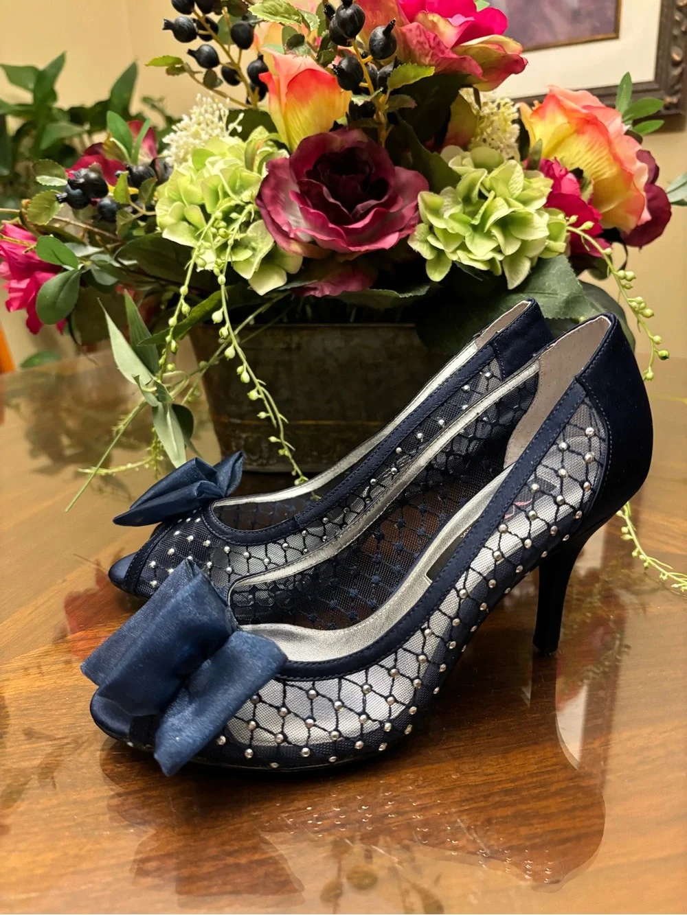 Nina Navy Peep-Toe Heels with Bow and Studded Mesh 6.5 M