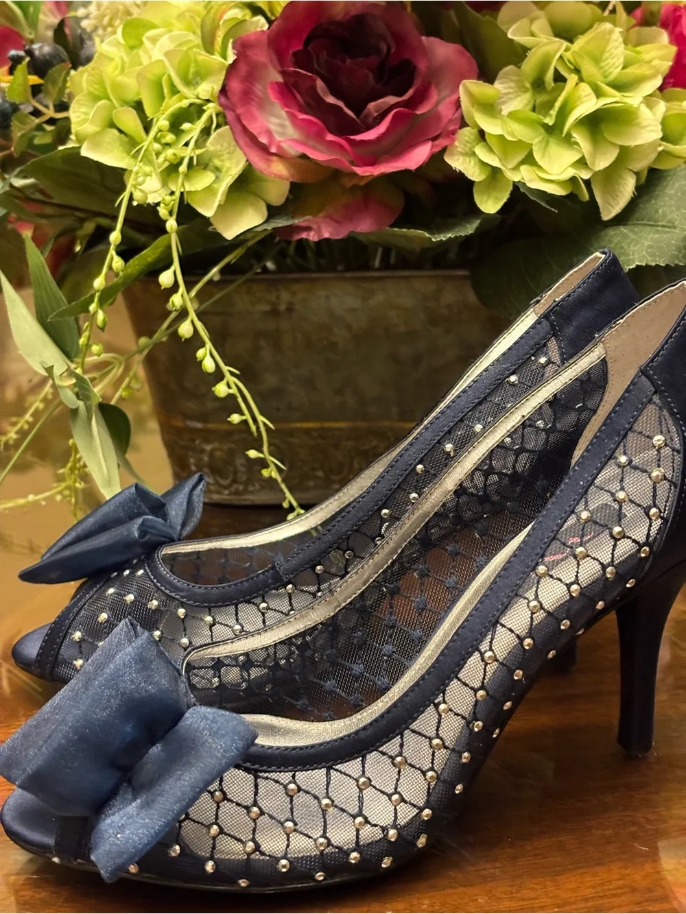 Nina Navy Peep-Toe Heels with Bow and Studded Mesh 6.5 M