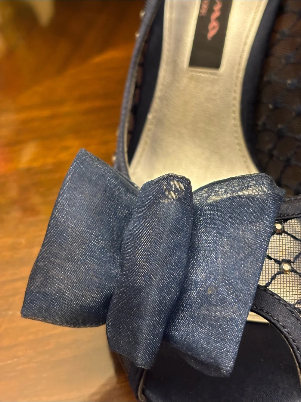 Nina Navy Peep-Toe Heels with Bow and Studded Mesh 6.5 M