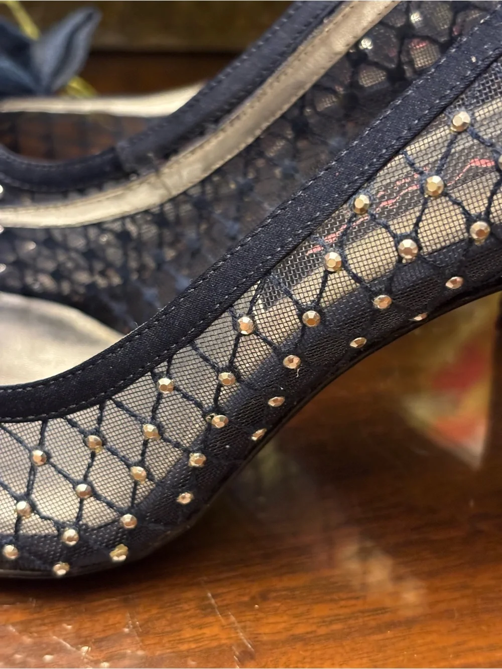 Nina Navy Peep-Toe Heels with Bow and Studded Mesh 6.5 M