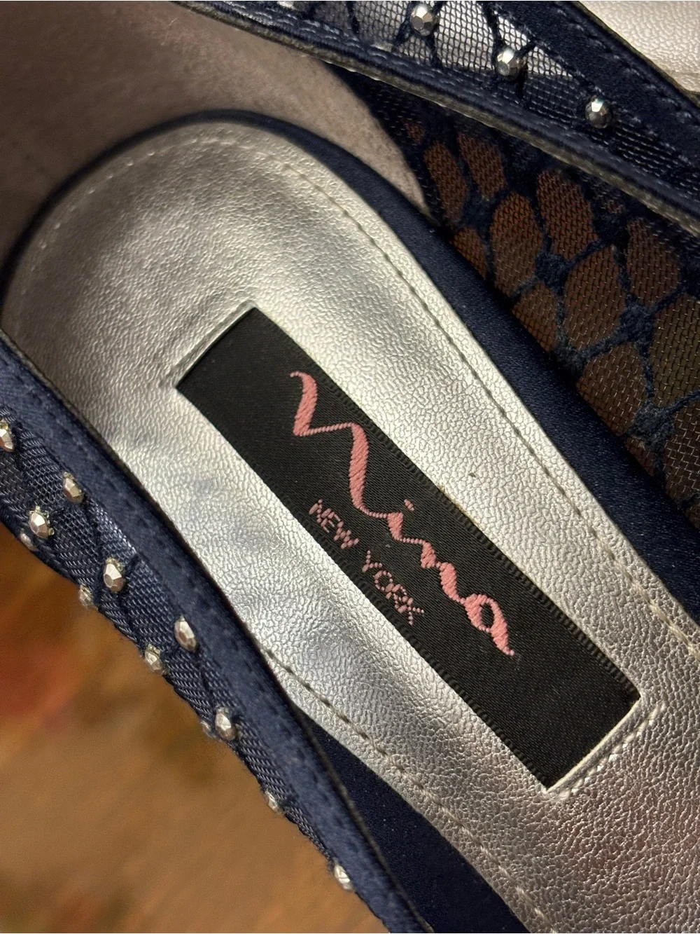 Nina Navy Peep-Toe Heels with Bow and Studded Mesh 6.5 M