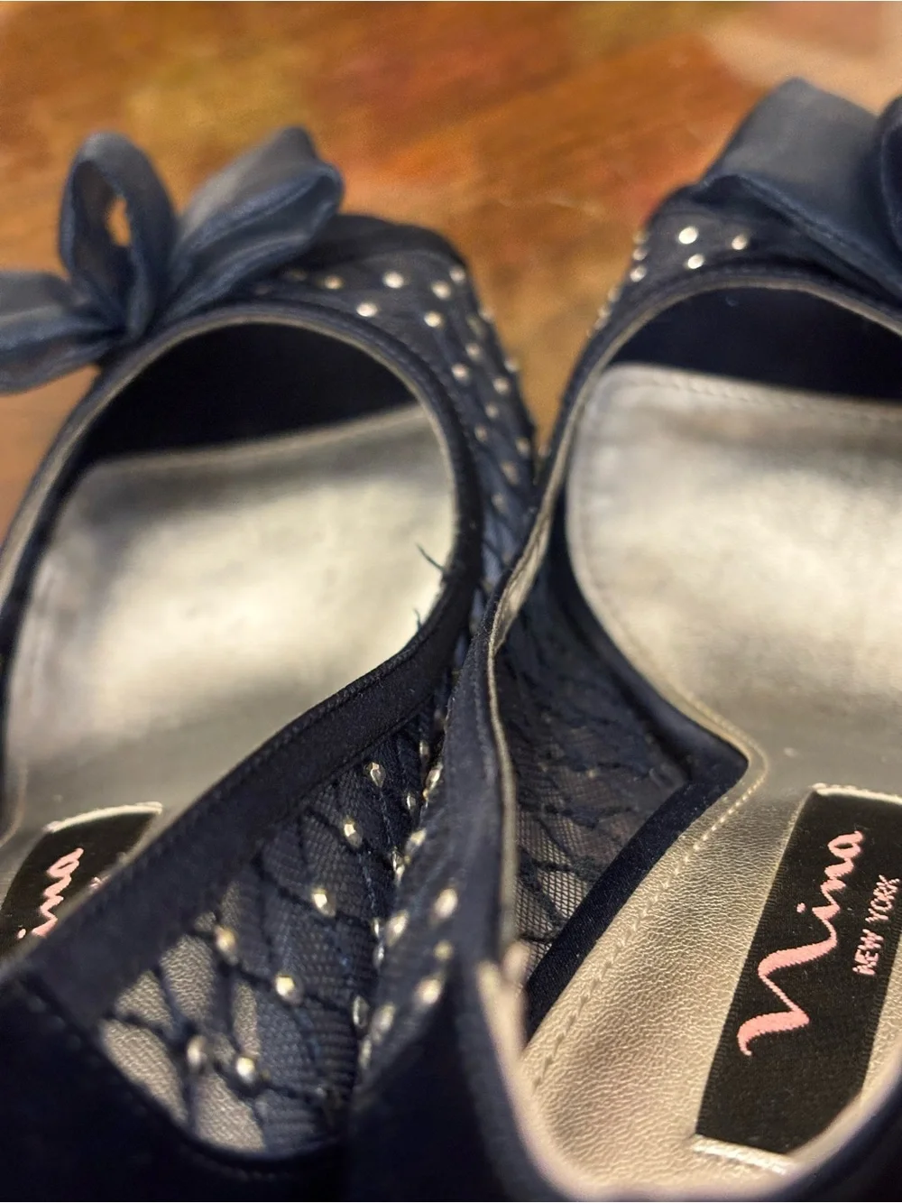 Nina Navy Peep-Toe Heels with Bow and Studded Mesh 6.5 M