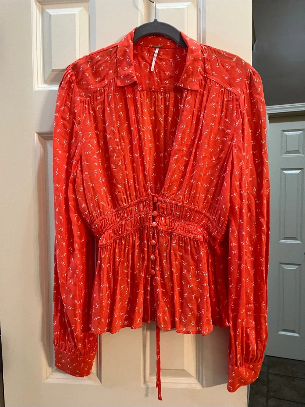 Free People Coral Orange  Printed Button-Front Peplum Blouse