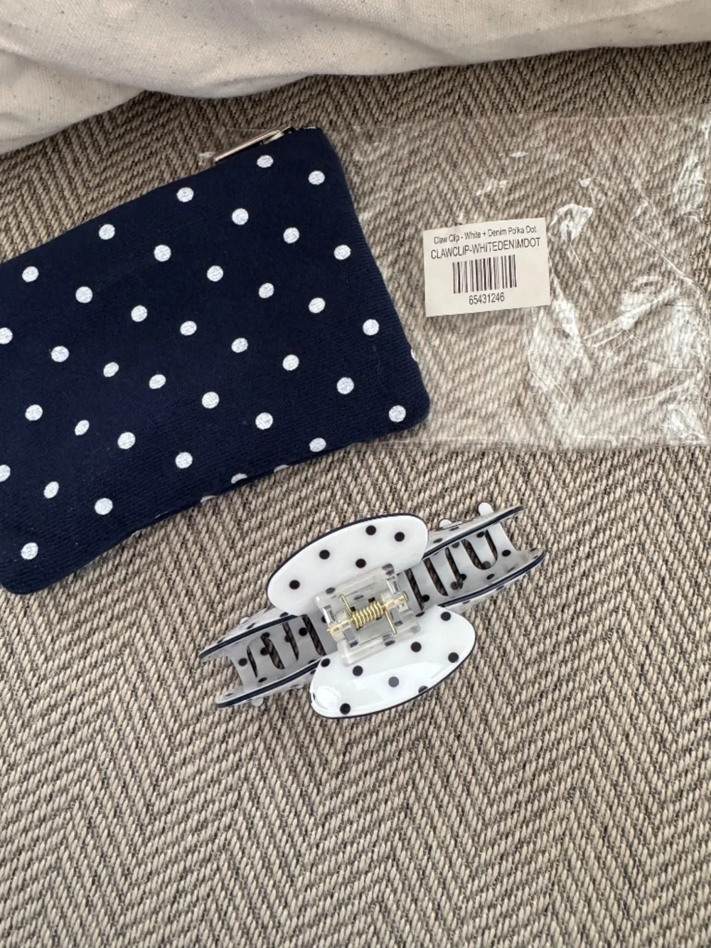 Parke Polka Dot Claw Clip Set of 3 Denim Blue White Black Hair Accessories w bag
