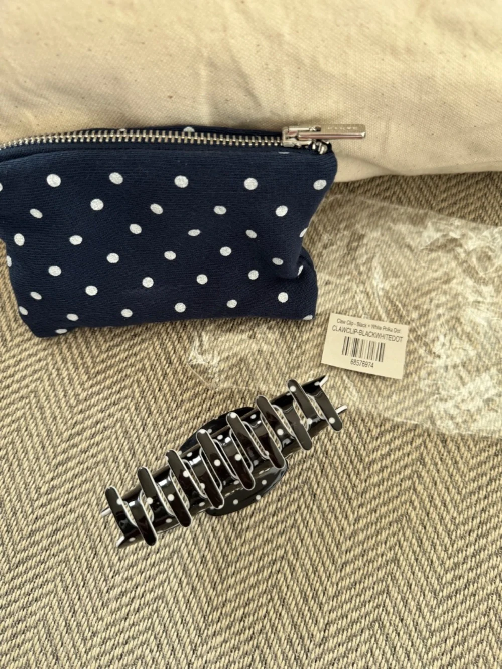 Parke Polka Dot Claw Clip Set of 3 Denim Blue White Black Hair Accessories w bag