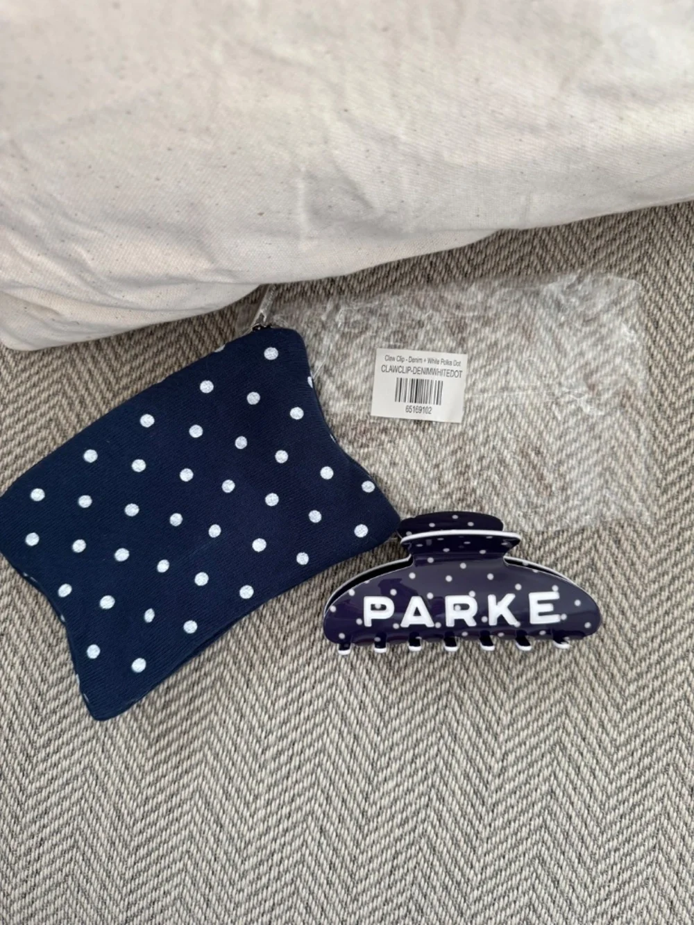 Parke Polka Dot Claw Clip Set of 3 Denim Blue White Black Hair Accessories w bag