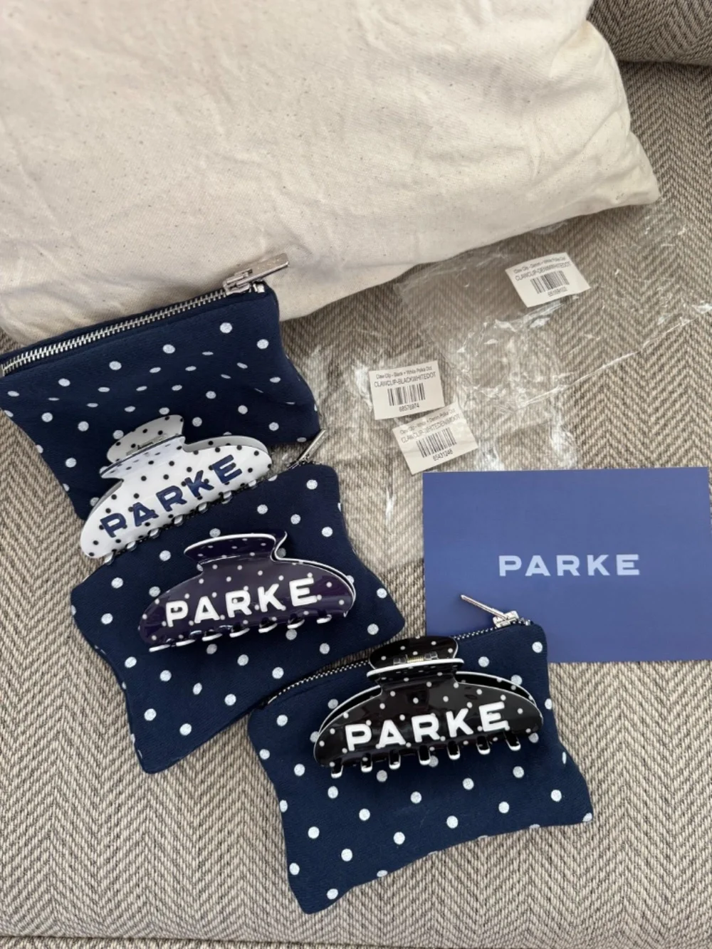 Parke Polka Dot Claw Clip Set of 3 Denim Blue White Black Hair Accessories w bag