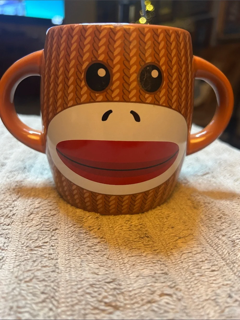 Playful Double-Handle Orange Monkey Ceramic Mug
