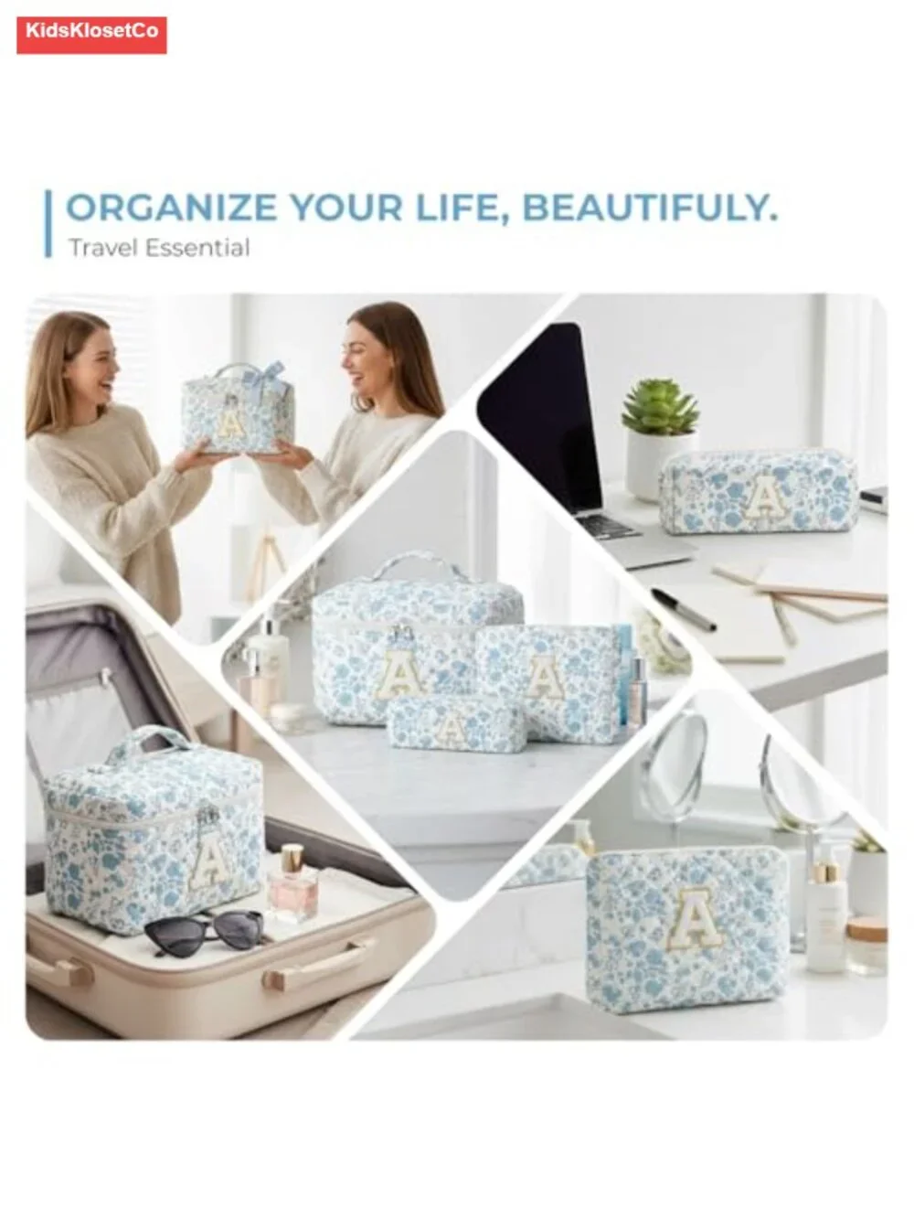 3 Pcs Quilted Makeup Bag Set with Chenille Letter Patches, Floral Travel