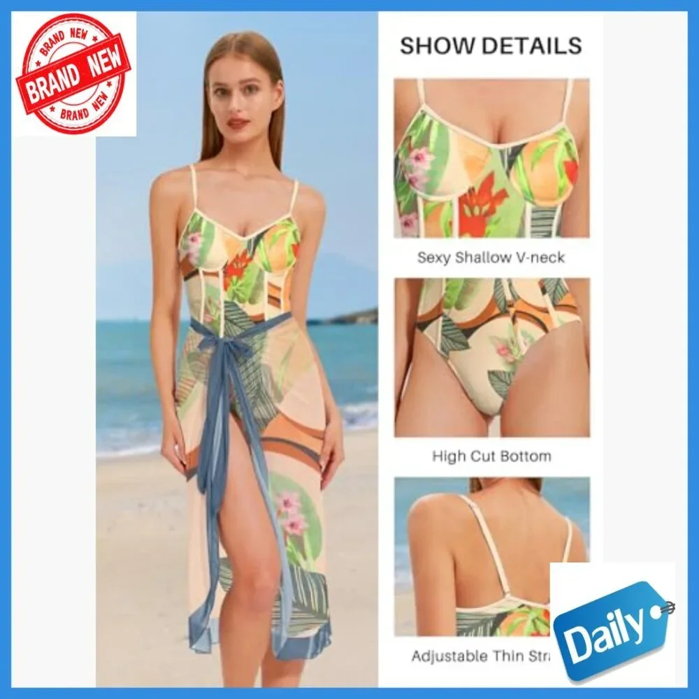 Floral One Piece Swimsuit with Sarong Cover Up Set Medium