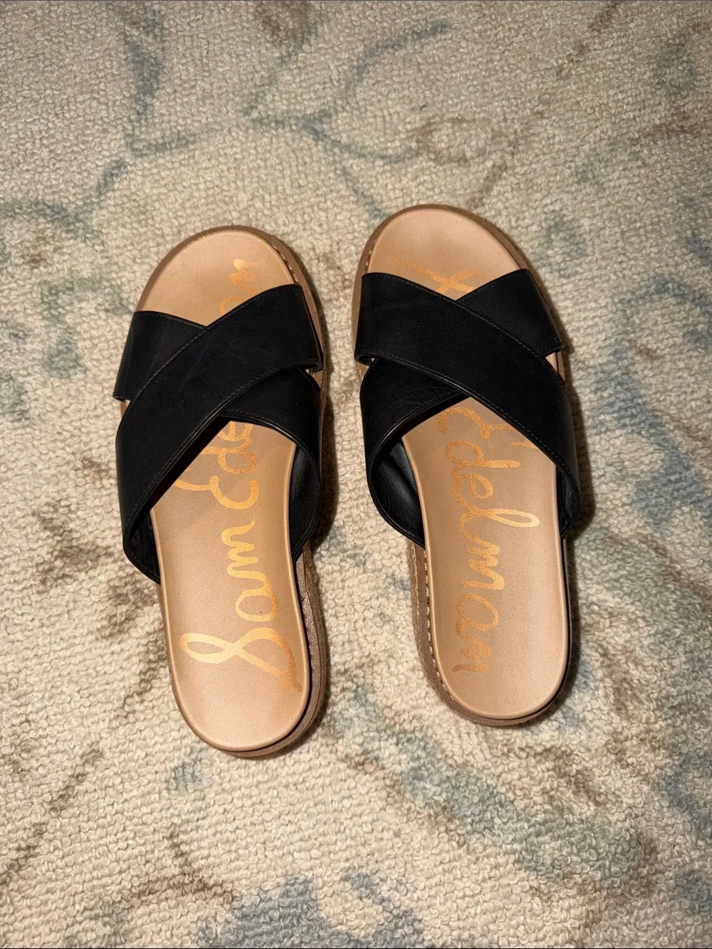 Sam Edelman Espadrille Black Crossband Slide Sandals with Tan Footbed