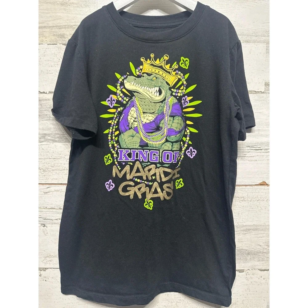 Mardi Gras Graphic T-Shirt Boys 10/12 Black King Gator Alligator