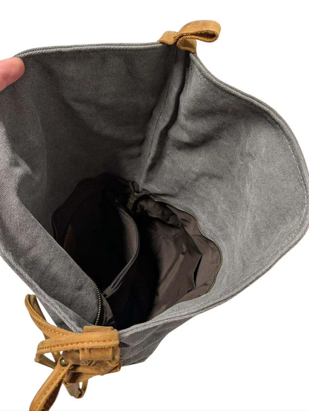 Unisex Gray Canvas Crossbody Bag Brown Leather Strap Messenger Hobo