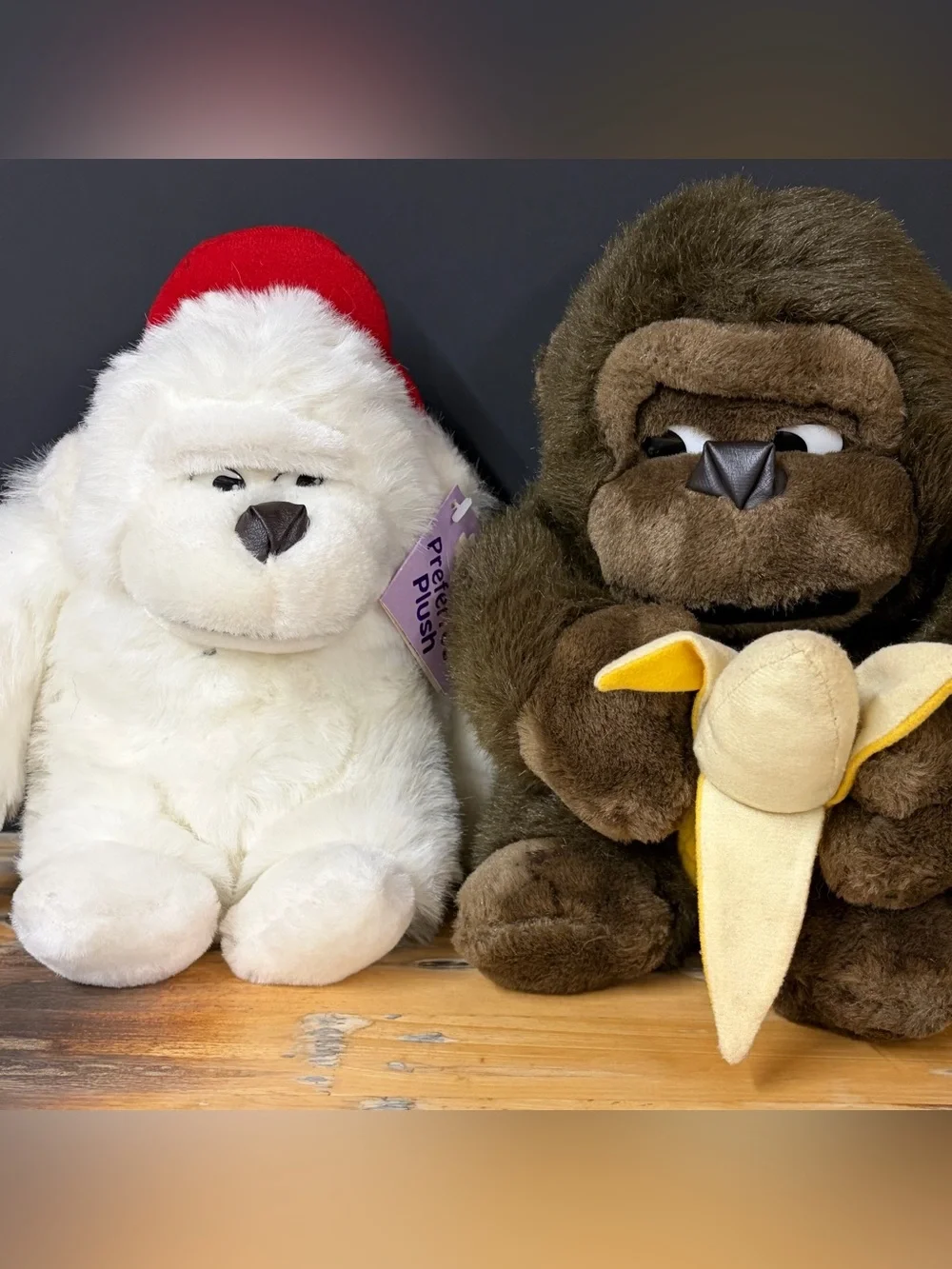 Vintage Brown & White Gorilla Side Eyes Plush Stuffed Animal Holding Banana RARE