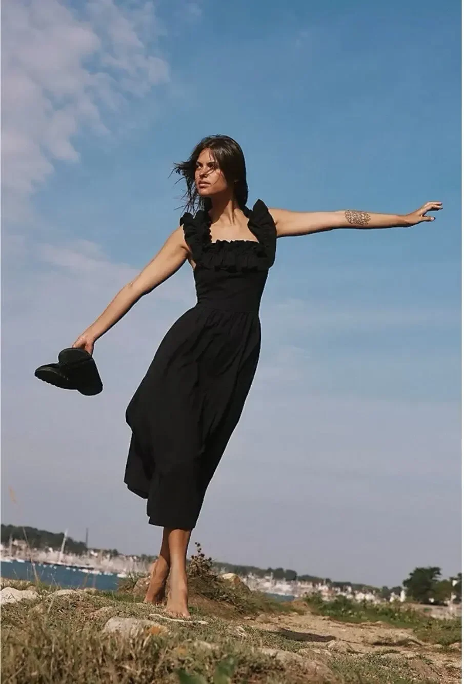 Free People Ruffle It Up Midi Dress Black Smocked Tie Cotton Size Medium