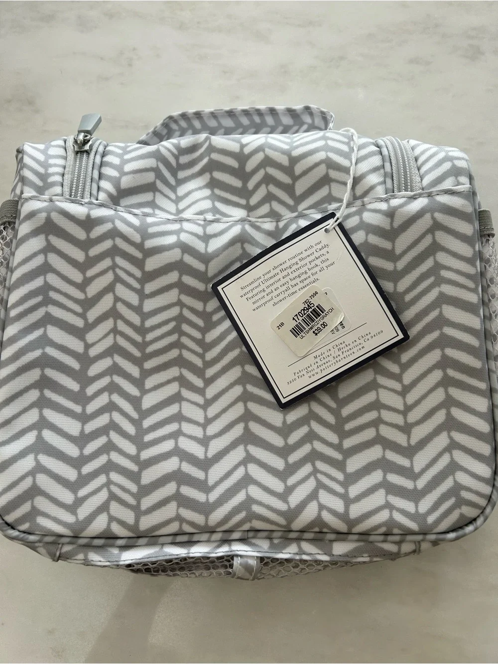 Pottery Barn Dorm Ultimate Hanging Shower Caddy Grey White Chevron NWT