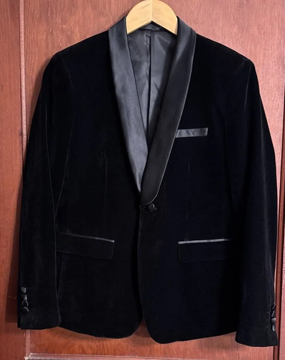 Boys Black Velvet Tuxedo Blazer 170cm(US 16) Satin Collar Formal Dinner Jacket