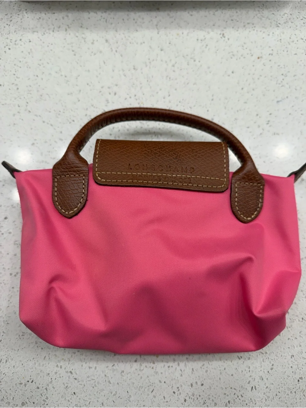 Longchamp Pink Nylon Cosmetic Pouch with Brown Leather Flap