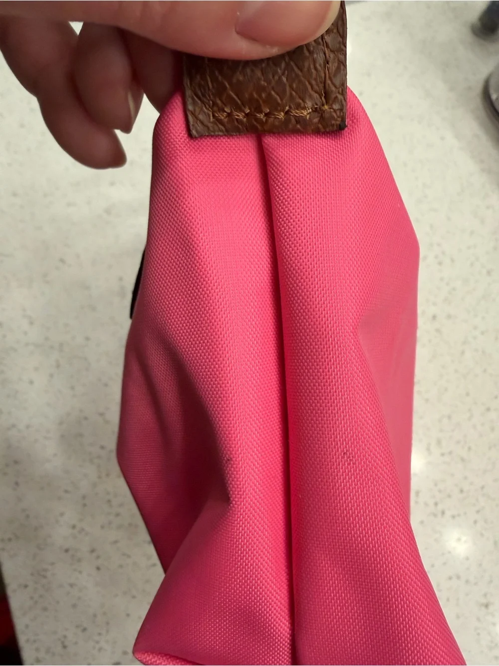 Longchamp Pink Nylon Cosmetic Pouch with Brown Leather Flap