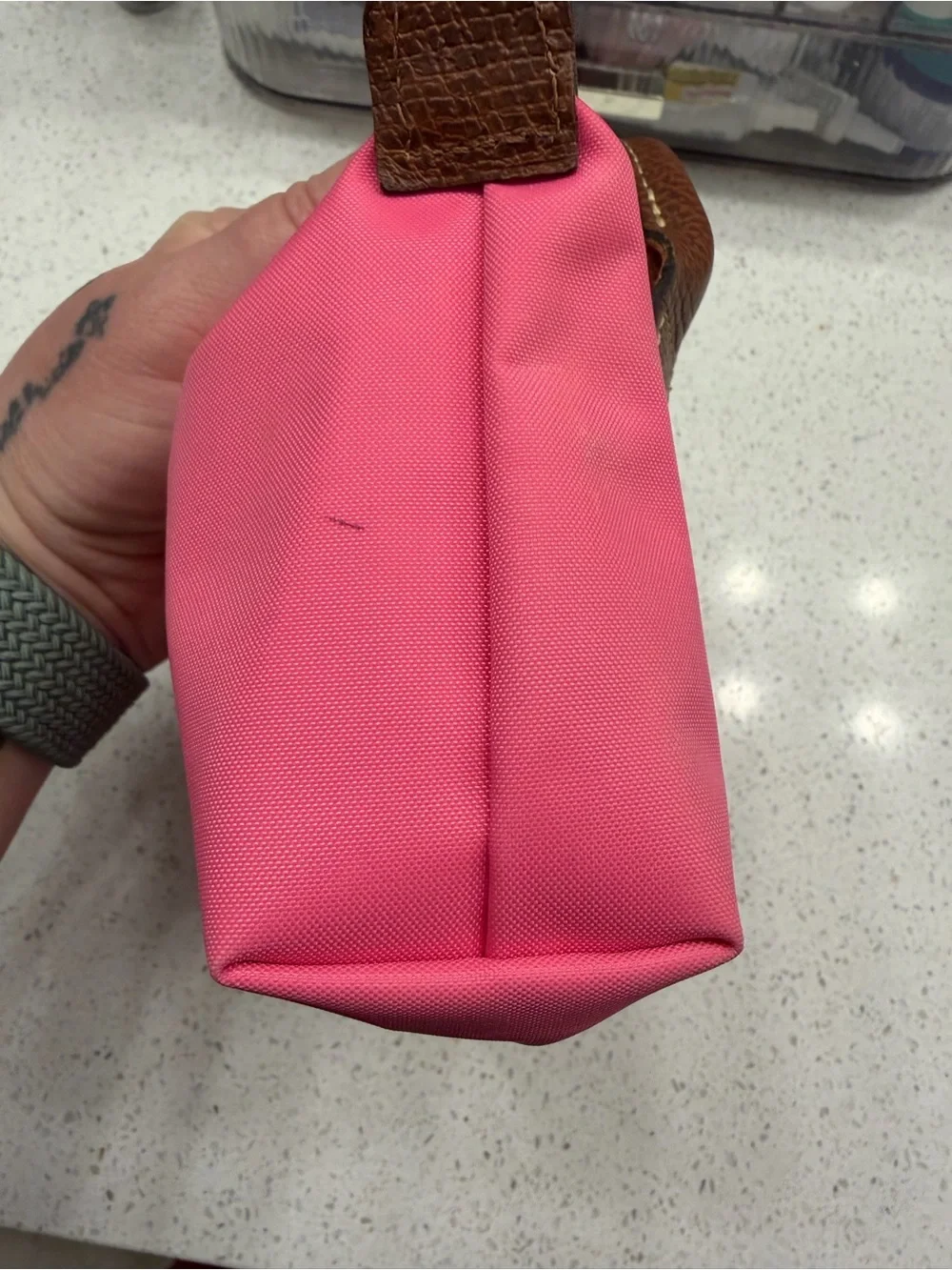 Longchamp Pink Nylon Cosmetic Pouch with Brown Leather Flap
