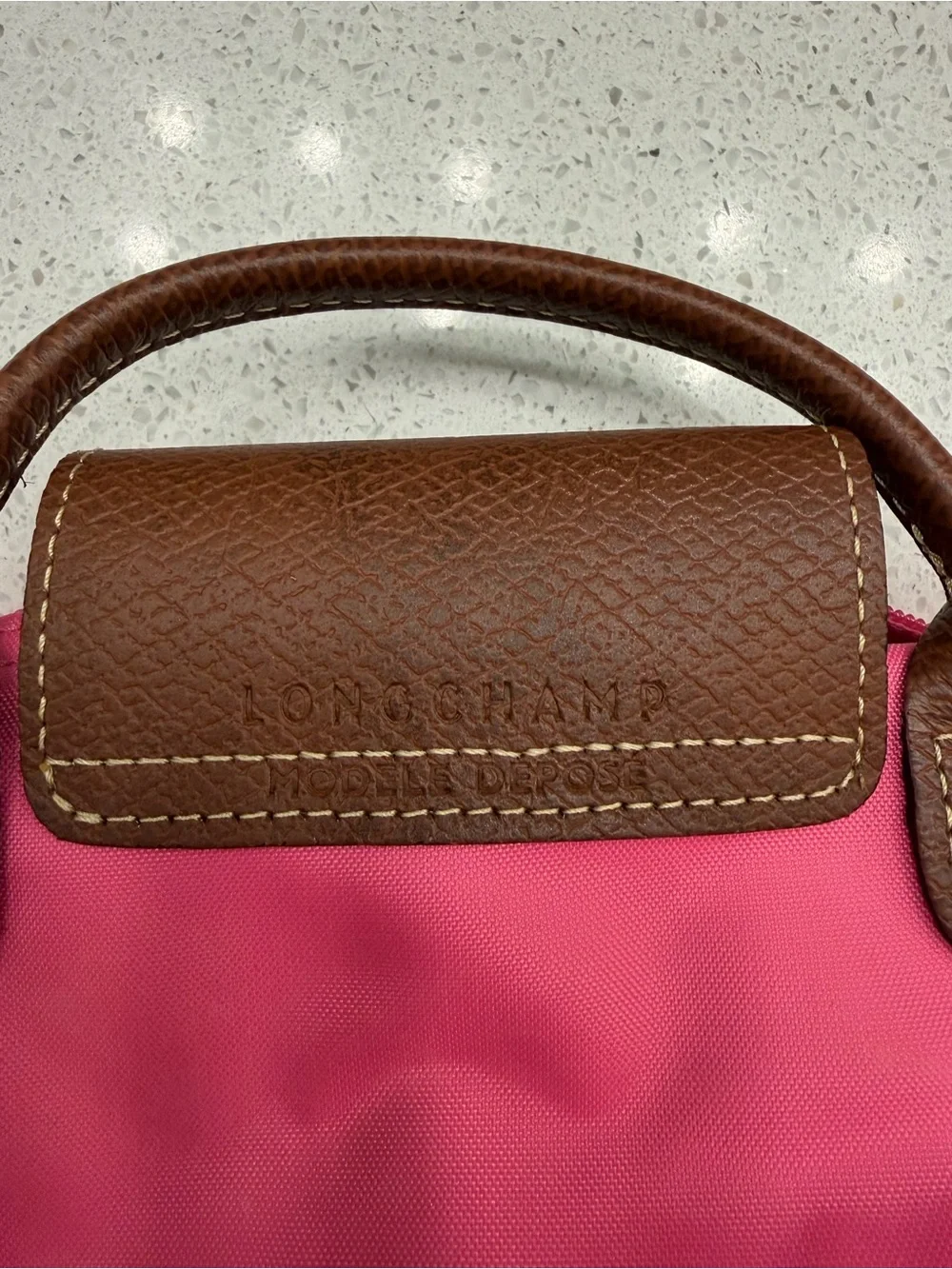 Longchamp Pink Nylon Cosmetic Pouch with Brown Leather Flap