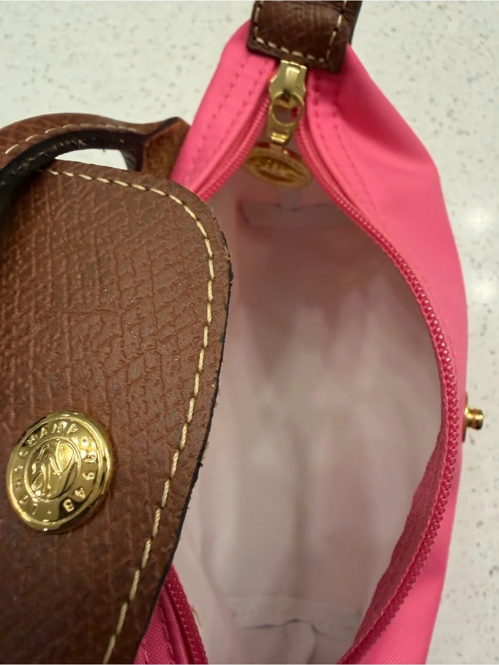 Longchamp Pink Nylon Cosmetic Pouch with Brown Leather Flap